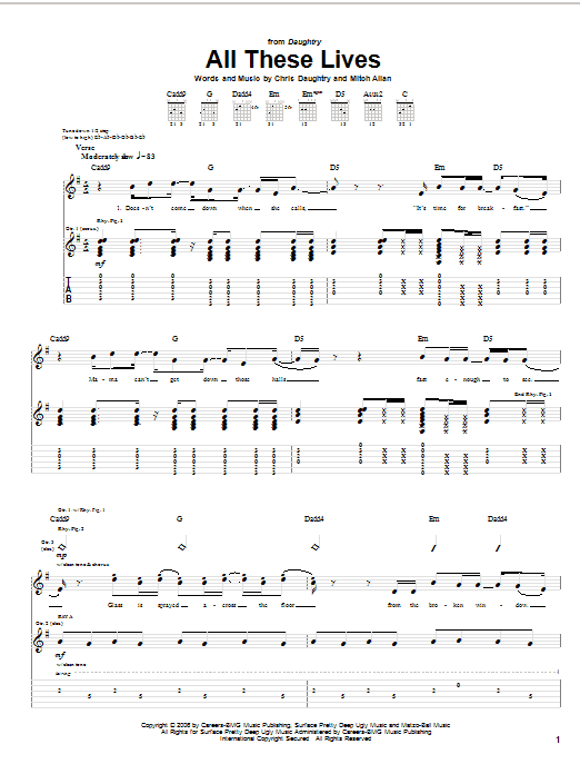 Daughtry All These Lives Sheet Music Notes & Chords for Guitar Tab - Download or Print PDF