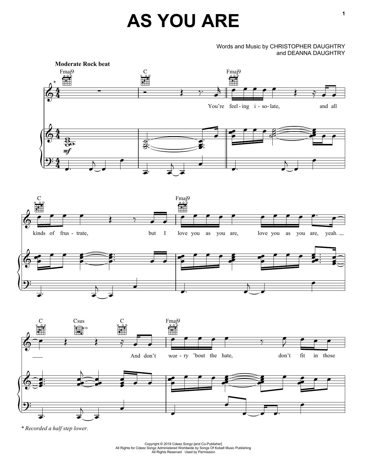 Daughtry As You Are Sheet Music Notes & Chords for Piano, Vocal & Guitar (Right-Hand Melody) - Download or Print PDF