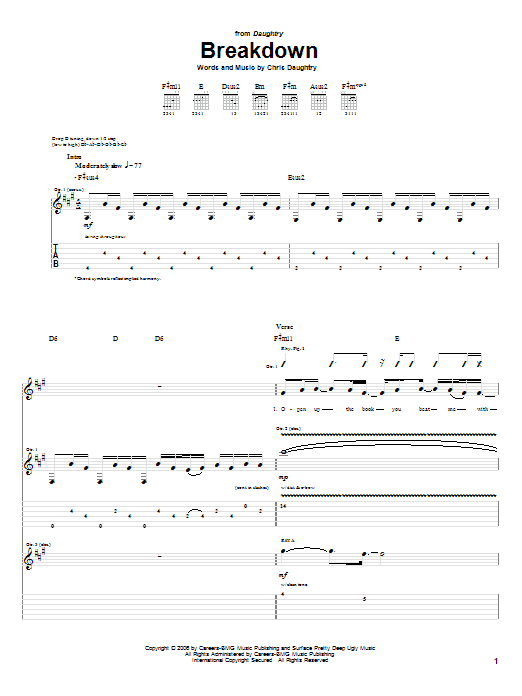 Daughtry Breakdown Sheet Music Notes & Chords for Piano, Vocal & Guitar (Right-Hand Melody) - Download or Print PDF