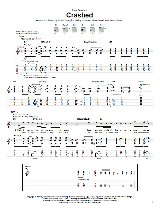 Daughtry Crashed Sheet Music Notes & Chords for Piano, Vocal & Guitar (Right-Hand Melody) - Download or Print PDF