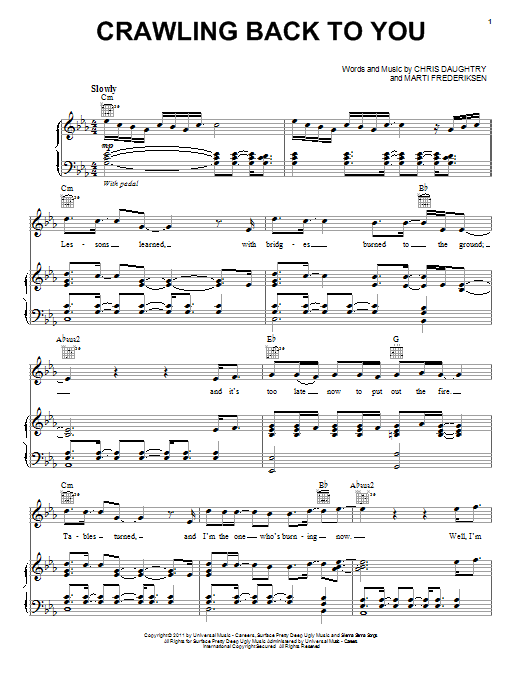 Daughtry Crawling Back To You Sheet Music Notes & Chords for Piano, Vocal & Guitar (Right-Hand Melody) - Download or Print PDF