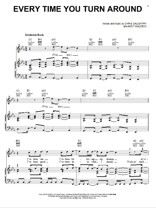 Daughtry Every Time You Turn Around Sheet Music Notes & Chords for Piano, Vocal & Guitar (Right-Hand Melody) - Download or Print PDF