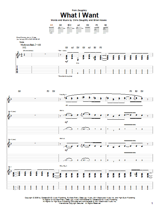 Daughtry featuring Slash What I Want Sheet Music Notes & Chords for Guitar Tab - Download or Print PDF