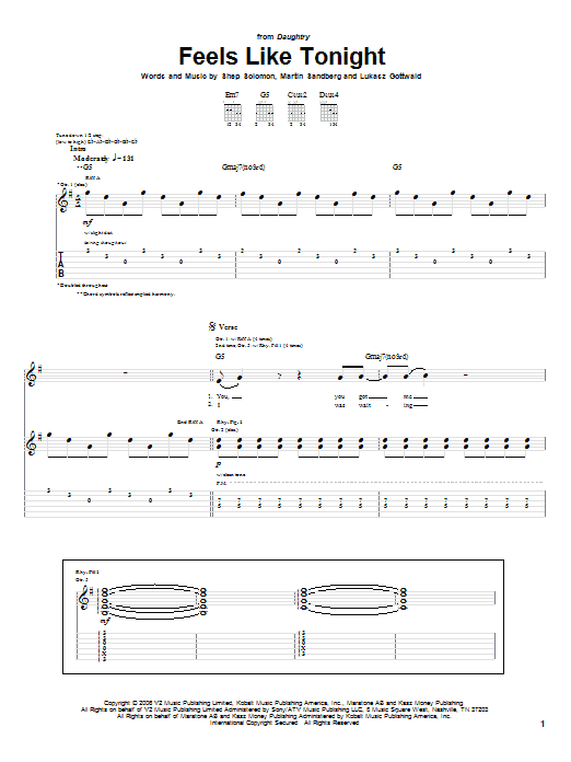 Daughtry Feels Like Tonight Sheet Music Notes & Chords for Piano, Vocal & Guitar (Right-Hand Melody) - Download or Print PDF