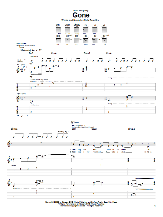 Daughtry Gone Sheet Music Notes & Chords for Piano, Vocal & Guitar (Right-Hand Melody) - Download or Print PDF