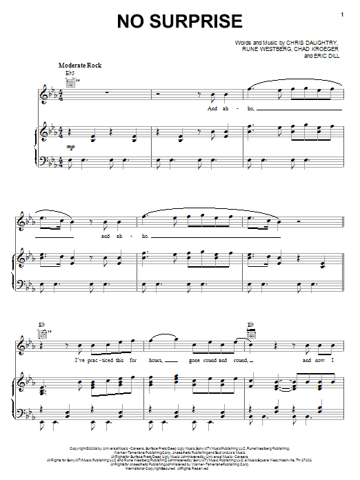 Daughtry No Surprise Sheet Music Notes & Chords for Piano, Vocal & Guitar (Right-Hand Melody) - Download or Print PDF