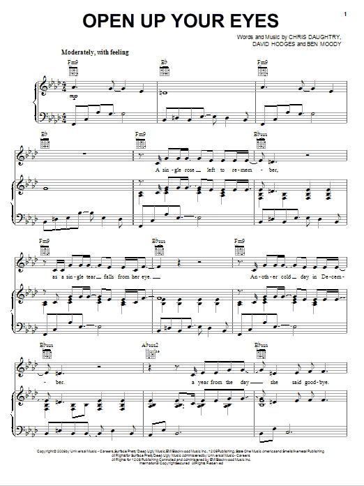 Daughtry Open Up Your Eyes Sheet Music Notes & Chords for Piano, Vocal & Guitar (Right-Hand Melody) - Download or Print PDF