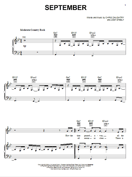 Daughtry September Sheet Music Notes & Chords for Piano, Vocal & Guitar (Right-Hand Melody) - Download or Print PDF