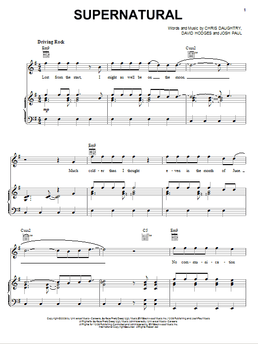 Daughtry Supernatural Sheet Music Notes & Chords for Piano, Vocal & Guitar (Right-Hand Melody) - Download or Print PDF