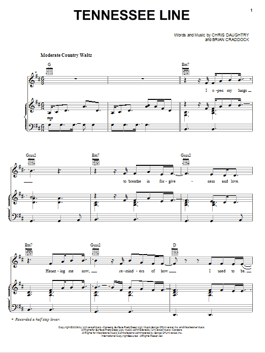 Daughtry Tennessee Line Sheet Music Notes & Chords for Piano, Vocal & Guitar (Right-Hand Melody) - Download or Print PDF