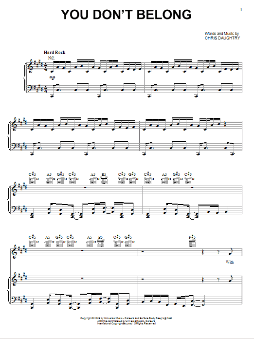 Daughtry You Don't Belong Sheet Music Notes & Chords for Piano, Vocal & Guitar (Right-Hand Melody) - Download or Print PDF