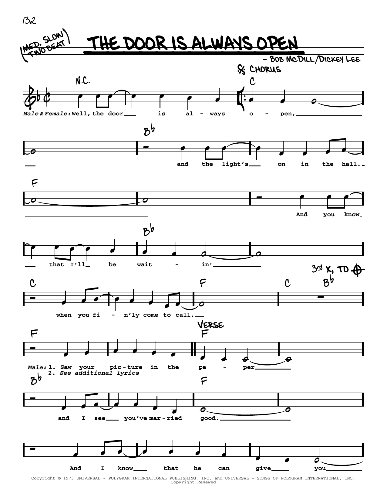 Dave & Sugar The Door Is Always Open Sheet Music Notes & Chords for Real Book – Melody, Lyrics & Chords - Download or Print PDF