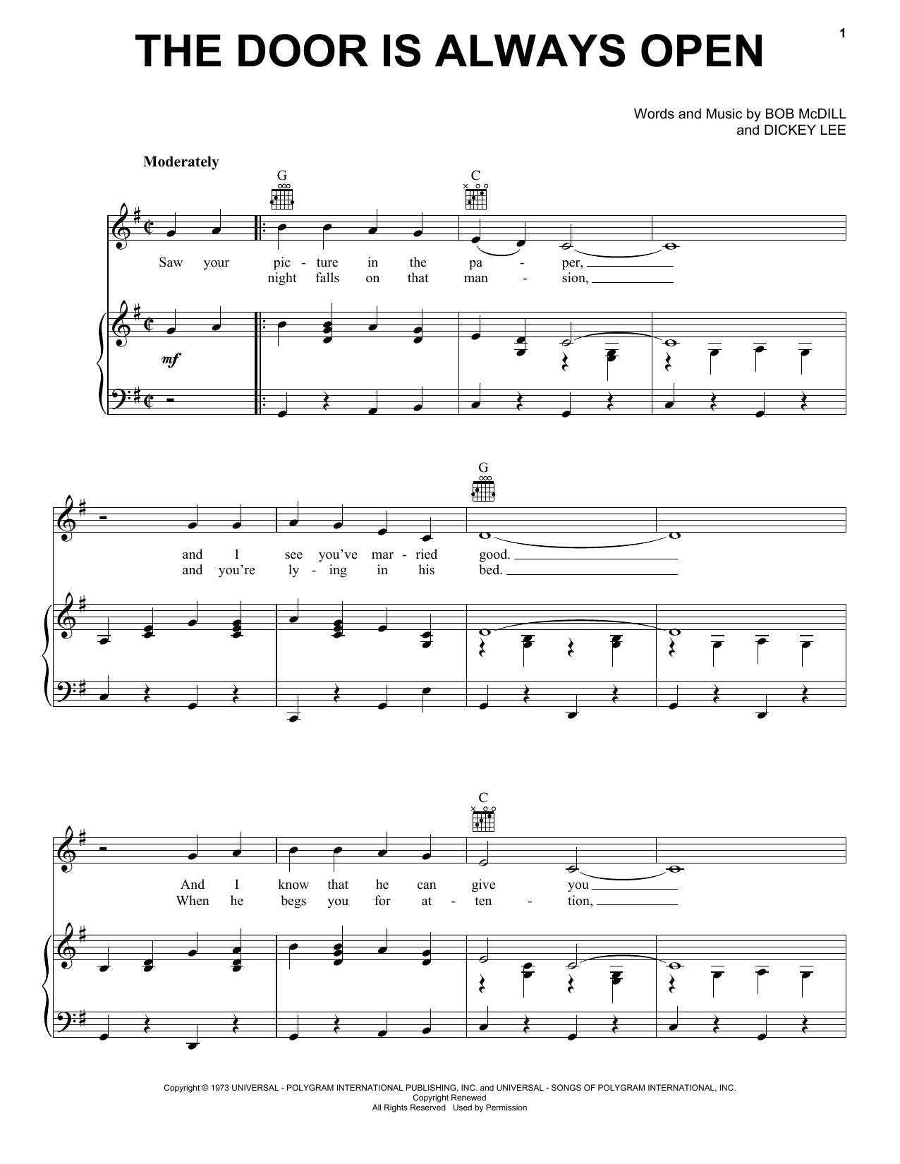 Dave and Sugar The Door Is Always Open Sheet Music Notes & Chords for Piano, Vocal & Guitar Chords (Right-Hand Melody) - Download or Print PDF