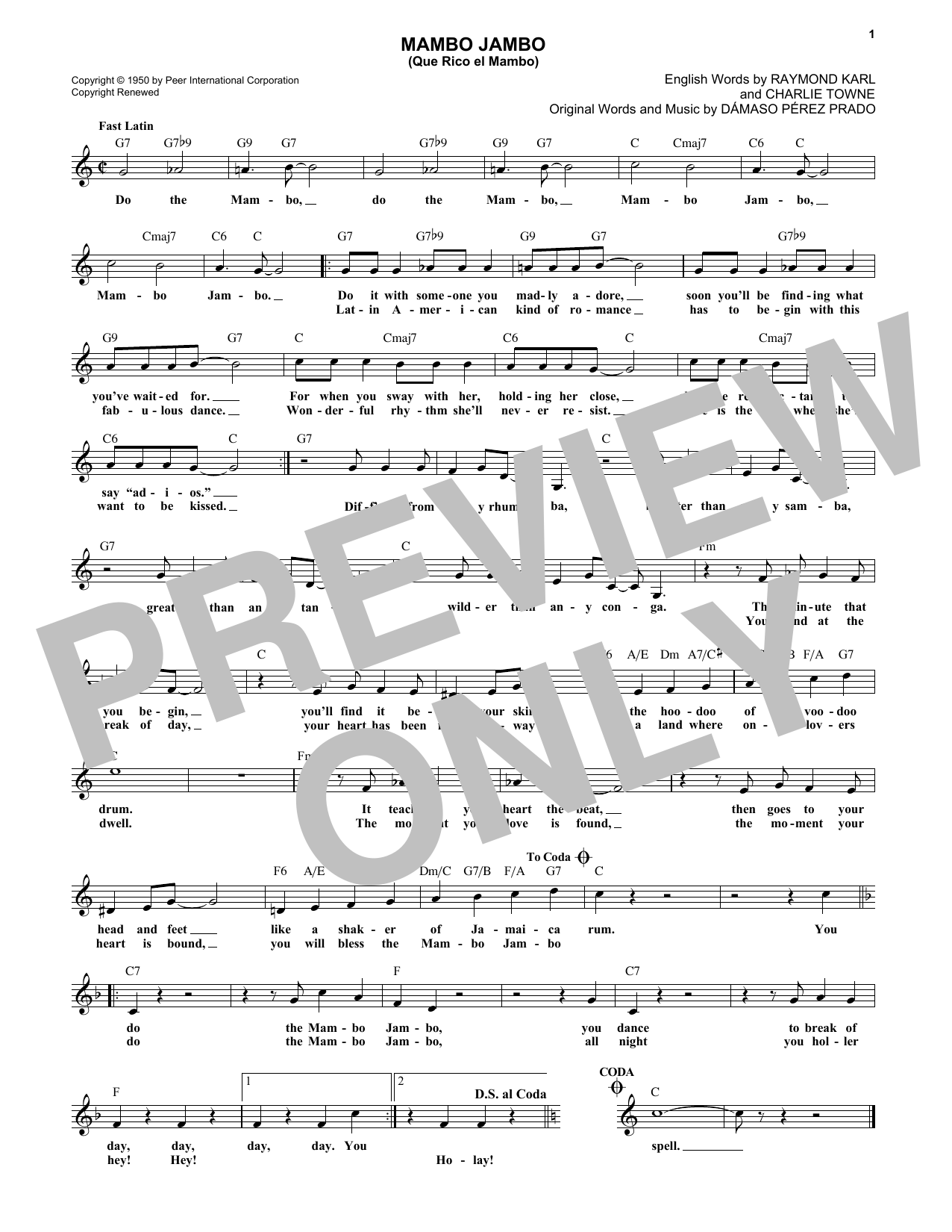 Dave Barbour Mambo Jambo (Que Rico El Mambo) Sheet Music Notes & Chords for Melody Line, Lyrics & Chords - Download or Print PDF