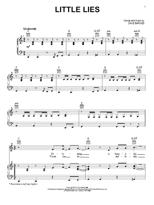Dave Barnes Little Lies Sheet Music Notes & Chords for Piano, Vocal & Guitar (Right-Hand Melody) - Download or Print PDF
