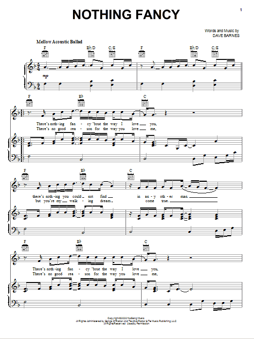 Dave Barnes Nothing Fancy Sheet Music Notes & Chords for Piano, Vocal & Guitar (Right-Hand Melody) - Download or Print PDF