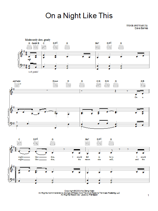 Dave Barnes On A Night Like This Sheet Music Notes & Chords for Piano, Vocal & Guitar (Right-Hand Melody) - Download or Print PDF