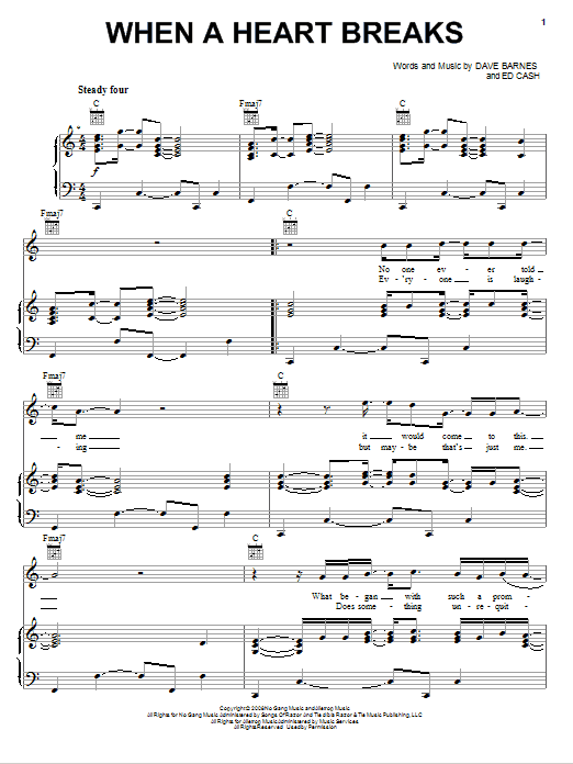 Dave Barnes When A Heart Breaks Sheet Music Notes & Chords for Piano, Vocal & Guitar (Right-Hand Melody) - Download or Print PDF