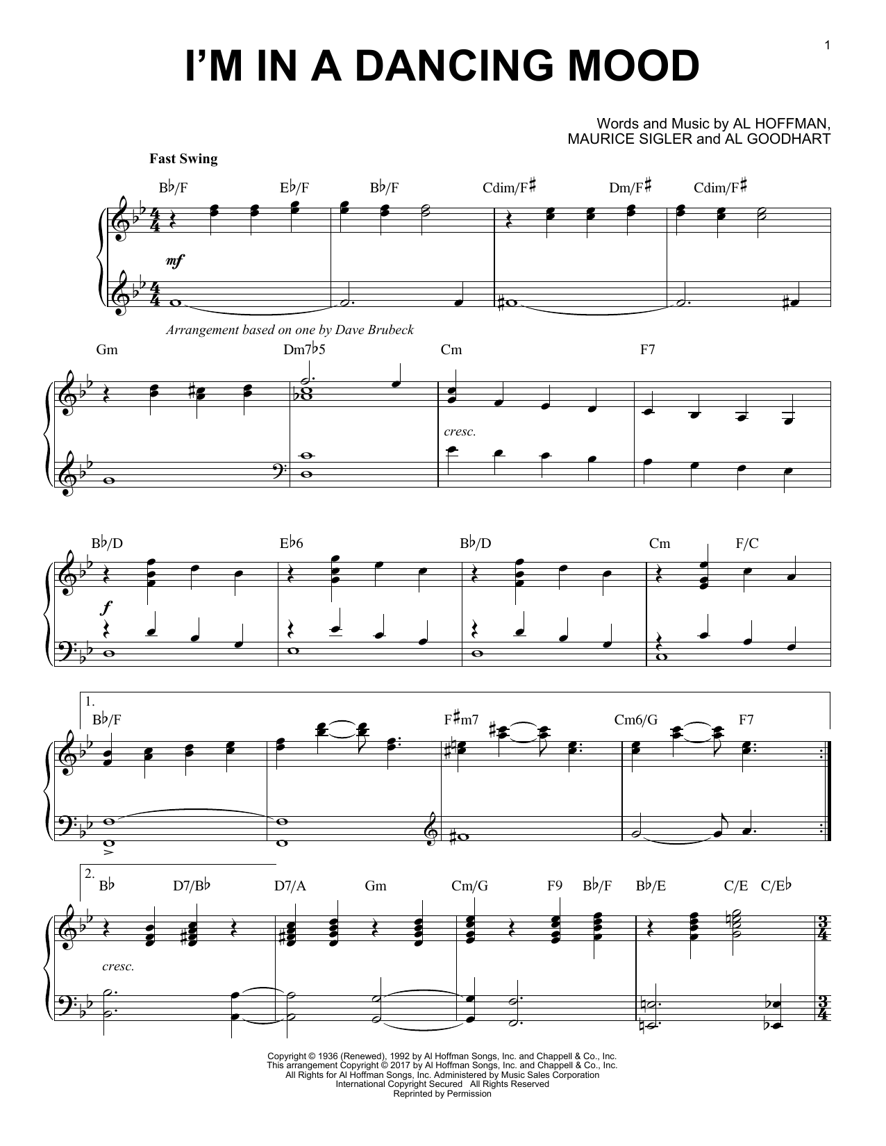 Dave Brubeck I'm In A Dancing Mood Sheet Music Notes & Chords for Piano - Download or Print PDF