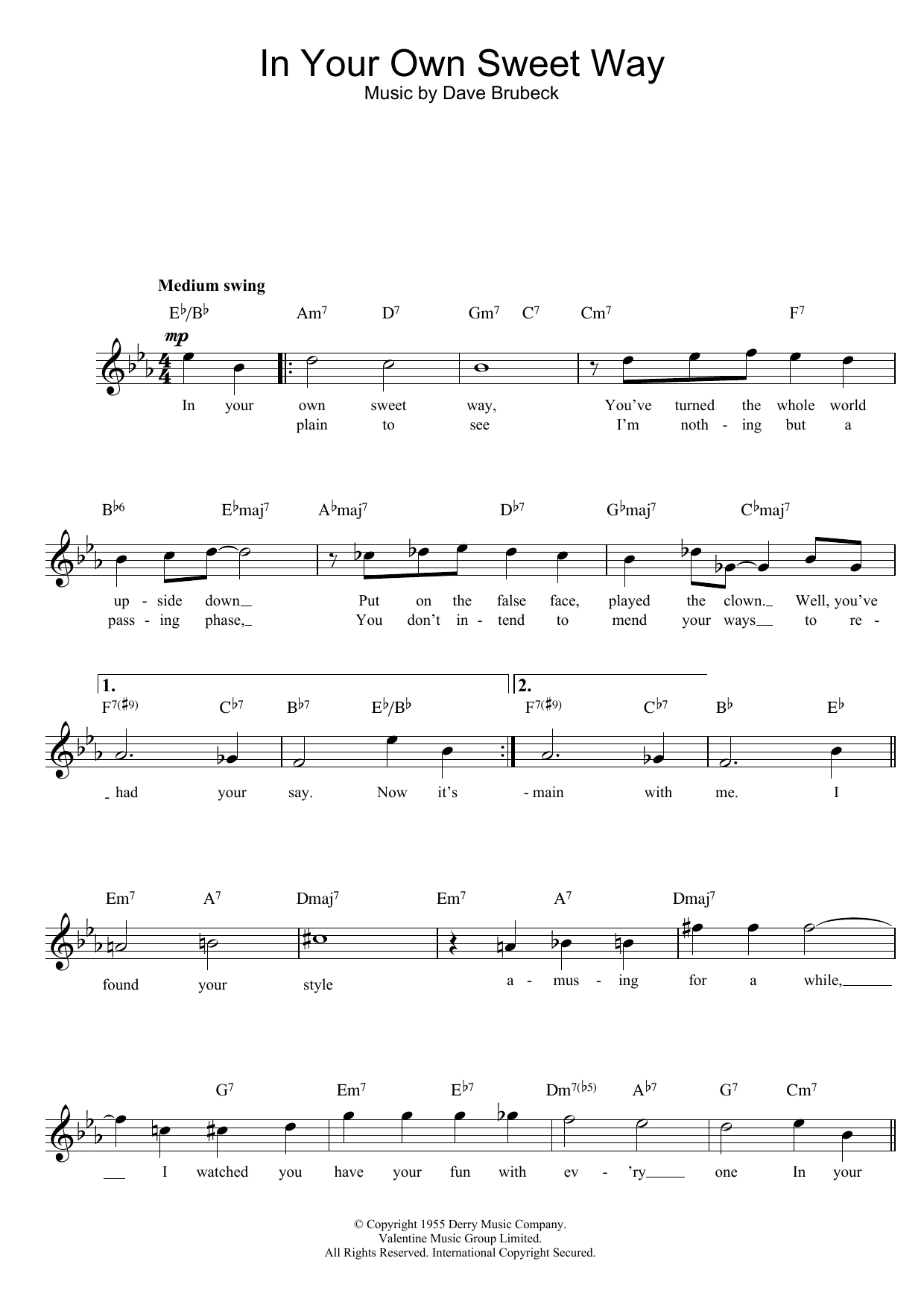 Dave Brubeck In Your Own Sweet Way Sheet Music Notes & Chords for Piano, Vocal & Guitar (Right-Hand Melody) - Download or Print PDF