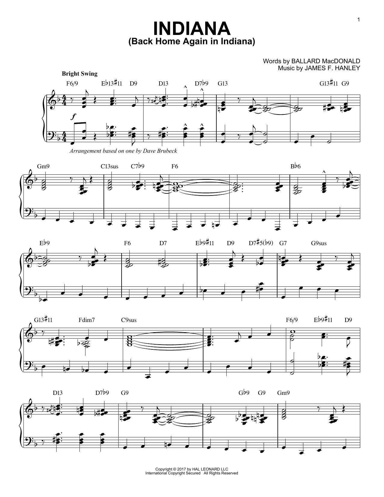 Dave Brubeck Indiana (Back Home Again In Indiana) Sheet Music Notes & Chords for Piano - Download or Print PDF