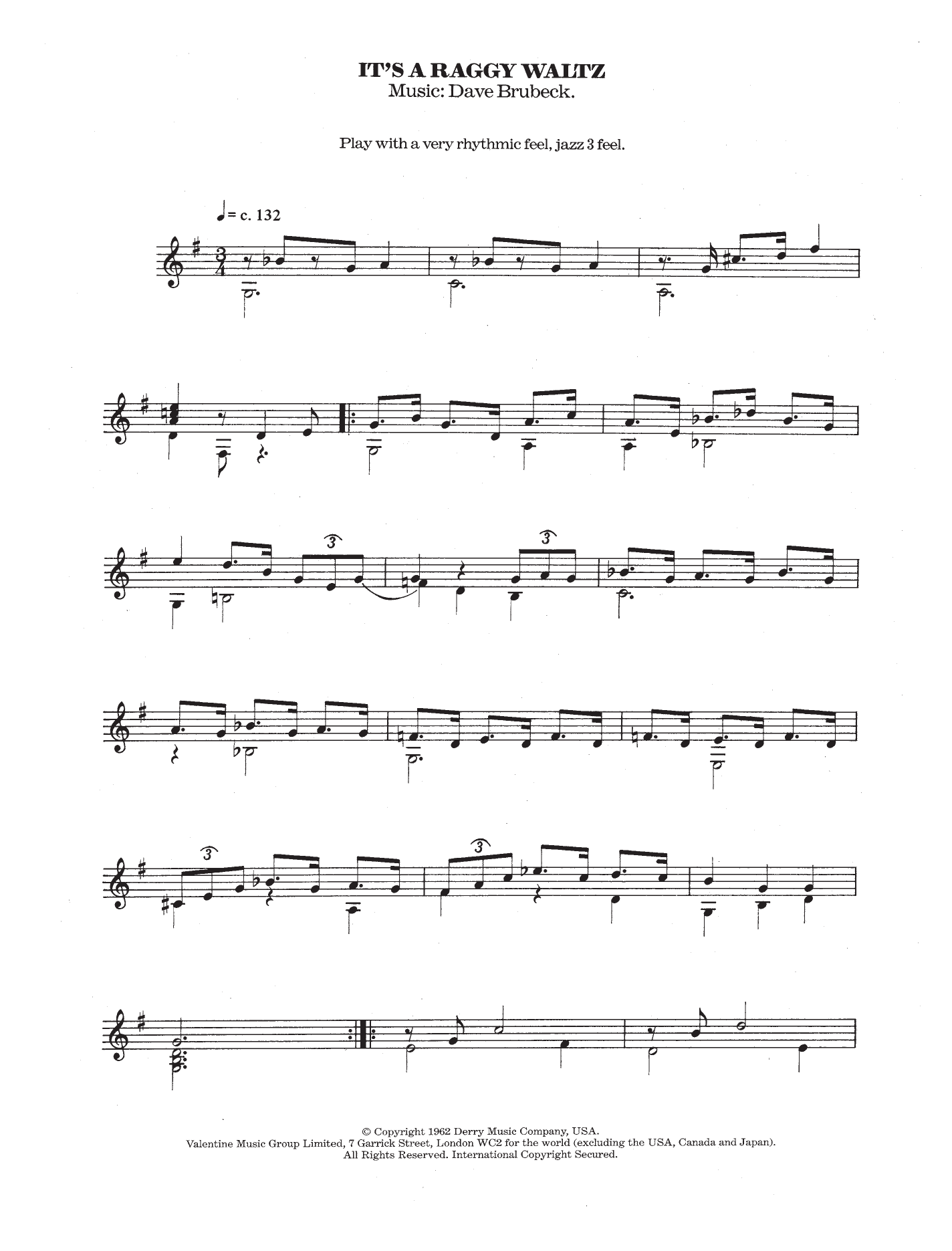 Dave Brubeck It's A Raggy Waltz Sheet Music Notes & Chords for Guitar - Download or Print PDF