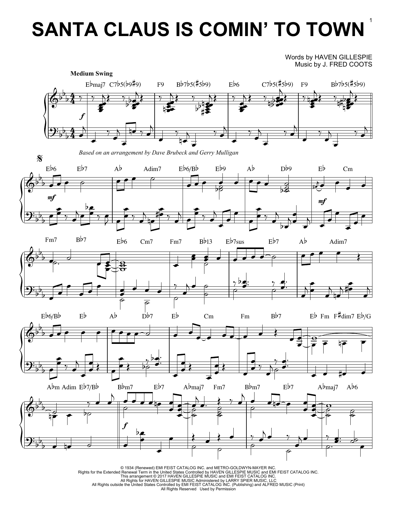 Dave Brubeck Santa Claus Is Comin' To Town [Jazz version] Sheet Music Notes & Chords for Piano - Download or Print PDF