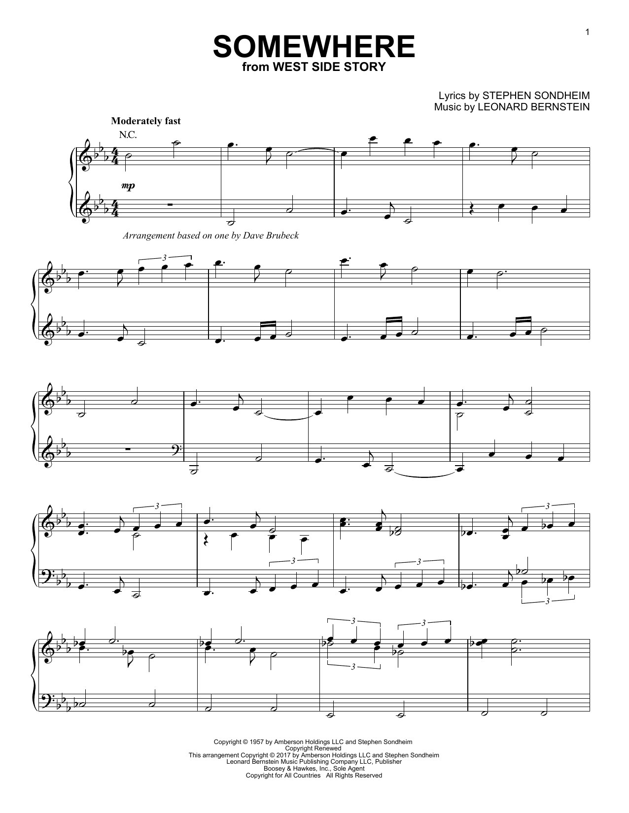 Dave Brubeck Somewhere [Jazz version] Sheet Music Notes & Chords for Piano - Download or Print PDF