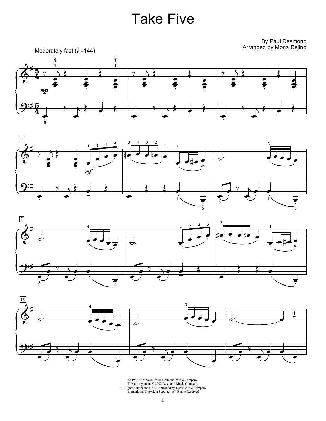 Dave Brubeck Take Five (arr. Mona Rejino) Sheet Music Notes & Chords for Educational Piano - Download or Print PDF
