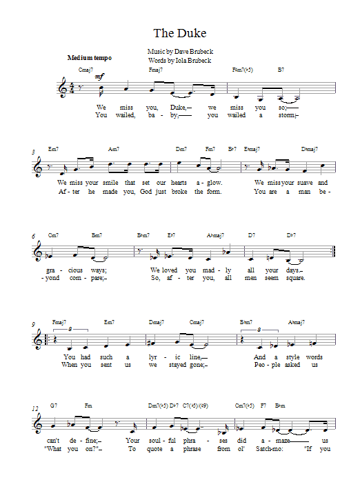 Dave Brubeck The Duke Sheet Music Notes & Chords for Melody Line, Lyrics & Chords - Download or Print PDF