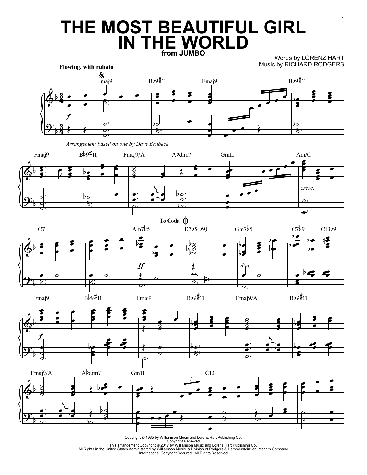 Dave Brubeck The Most Beautiful Girl In The World Sheet Music Notes & Chords for Piano - Download or Print PDF