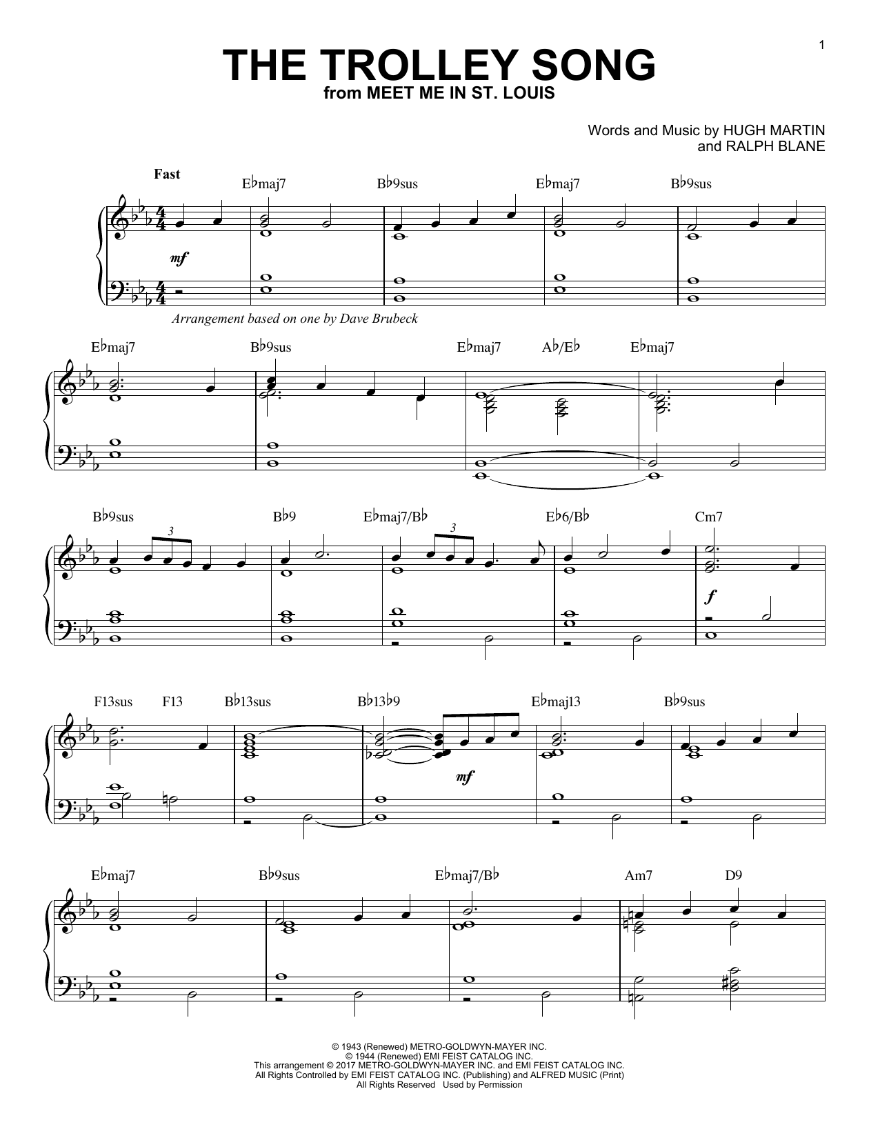 Dave Brubeck The Trolley Song [Jazz version] Sheet Music Notes & Chords for Piano - Download or Print PDF