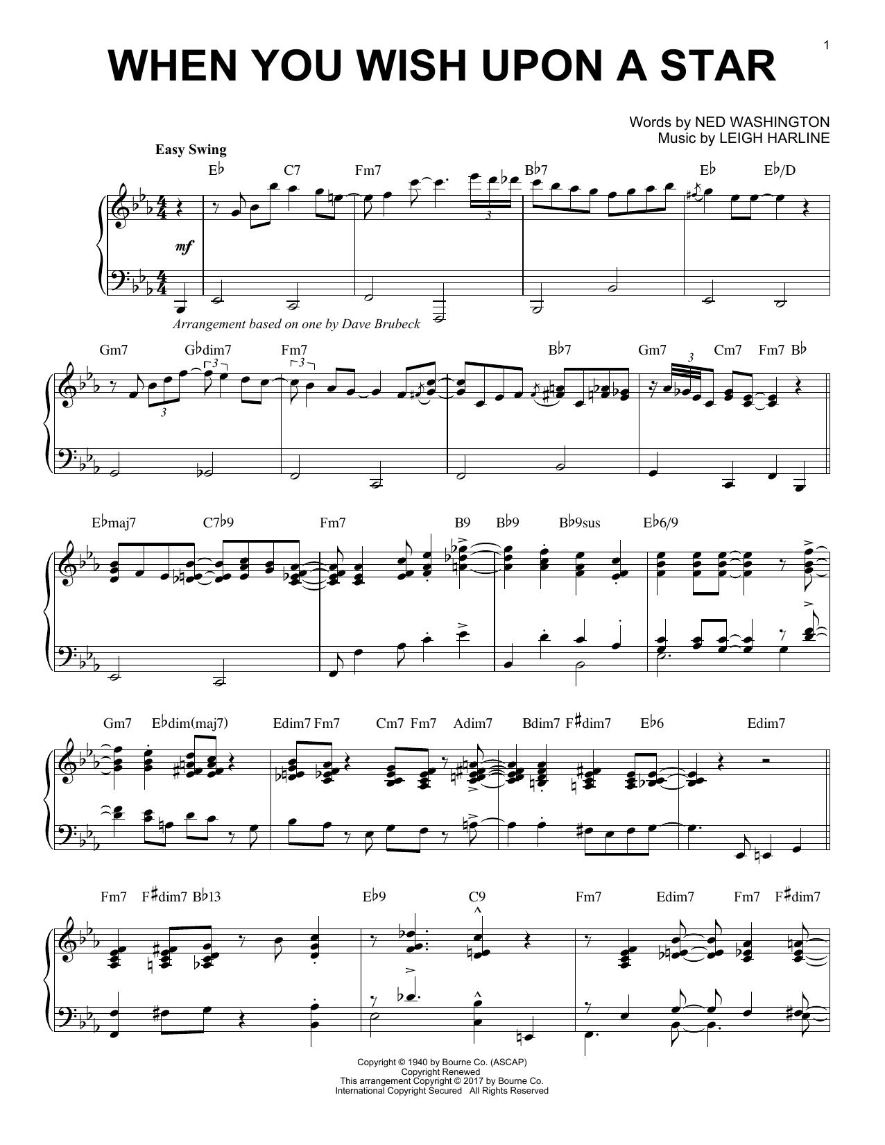 Dave Brubeck When You Wish Upon A Star [Jazz version] Sheet Music Notes & Chords for Piano - Download or Print PDF