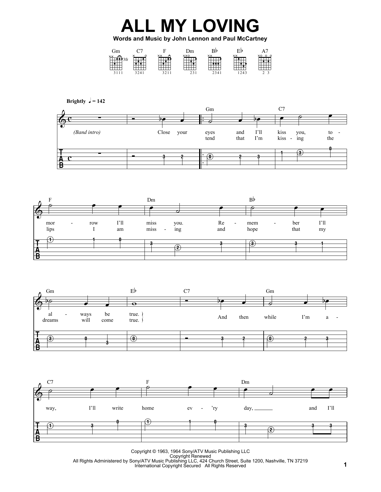 Dave Clo All My Loving Sheet Music Notes & Chords for Easy Guitar Tab - Download or Print PDF