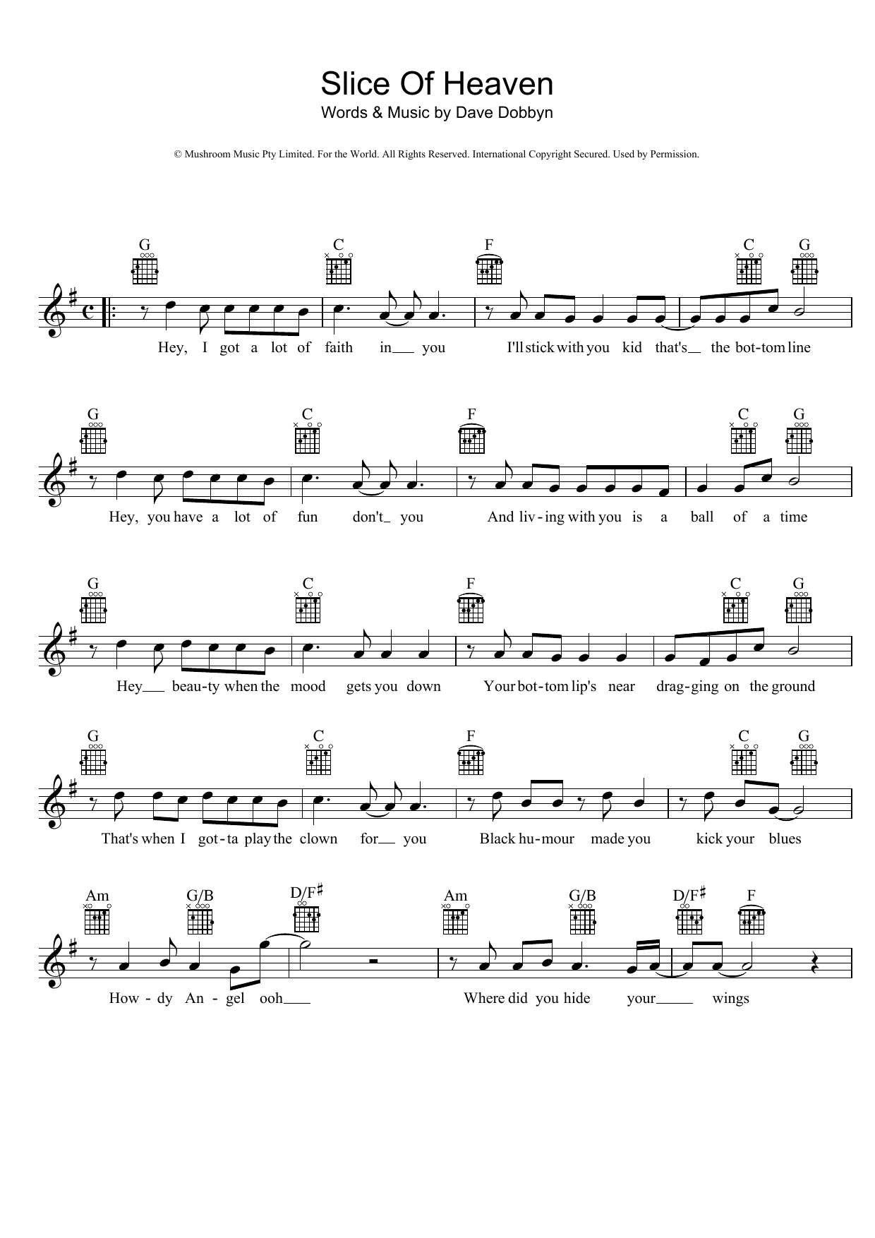 Dave Dobbyn Slice Of Heaven Sheet Music Notes & Chords for Piano, Vocal & Guitar (Right-Hand Melody) - Download or Print PDF