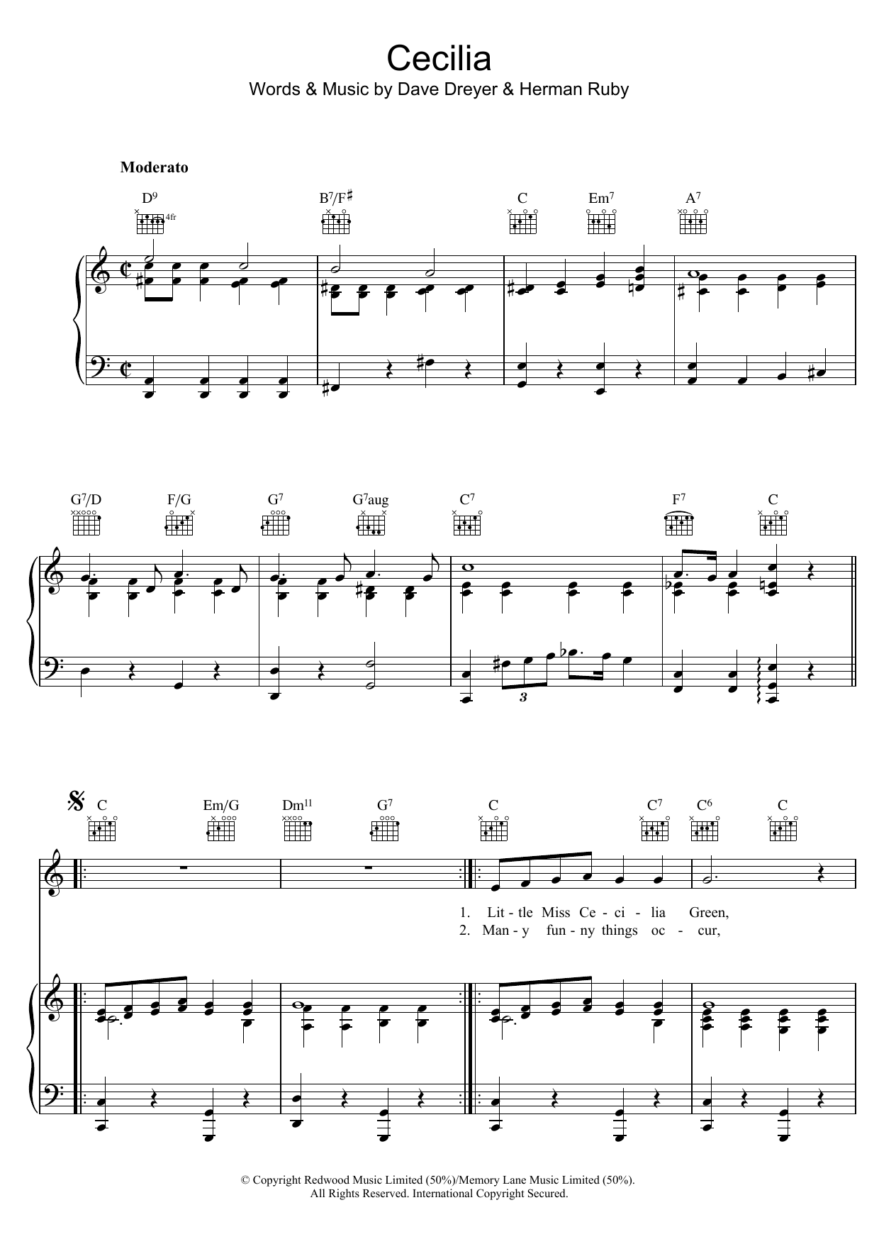 Dave Dreyer Cecilia Sheet Music Notes & Chords for Piano, Vocal & Guitar (Right-Hand Melody) - Download or Print PDF