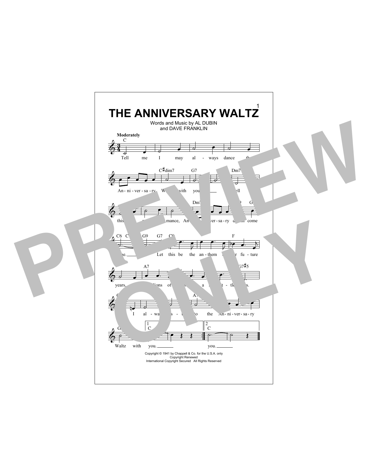Dave Franklin The Anniversary Waltz Sheet Music Notes & Chords for Melody Line, Lyrics & Chords - Download or Print PDF