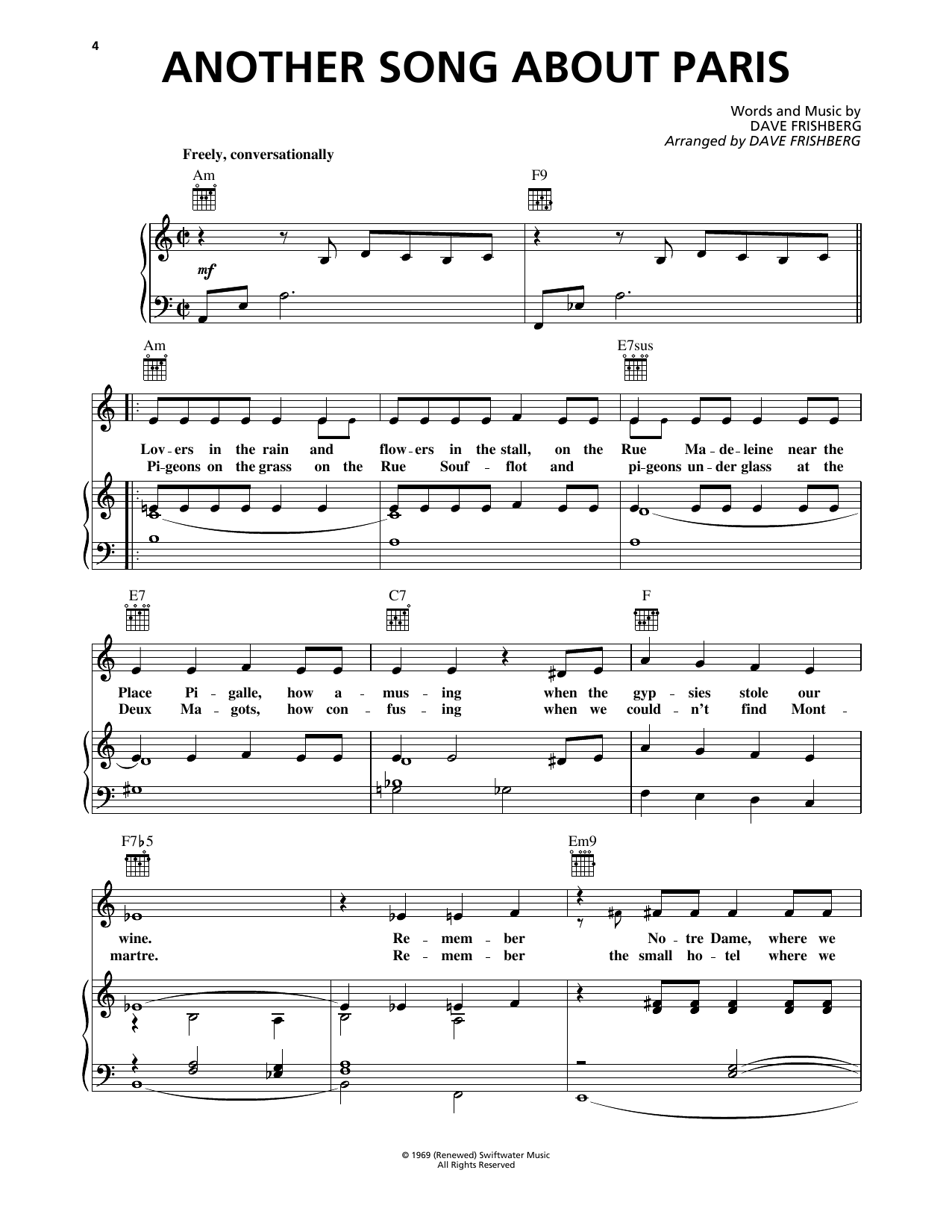 Dave Frishberg Another Song About Paris Sheet Music Notes & Chords for Piano, Vocal & Guitar Chords (Right-Hand Melody) - Download or Print PDF Dave Frishberg Another Song About Paris Sheet Music Notes & Chords for Piano, Vocal & Guitar Chords (Right-Hand Melody) - Download or Print PDF