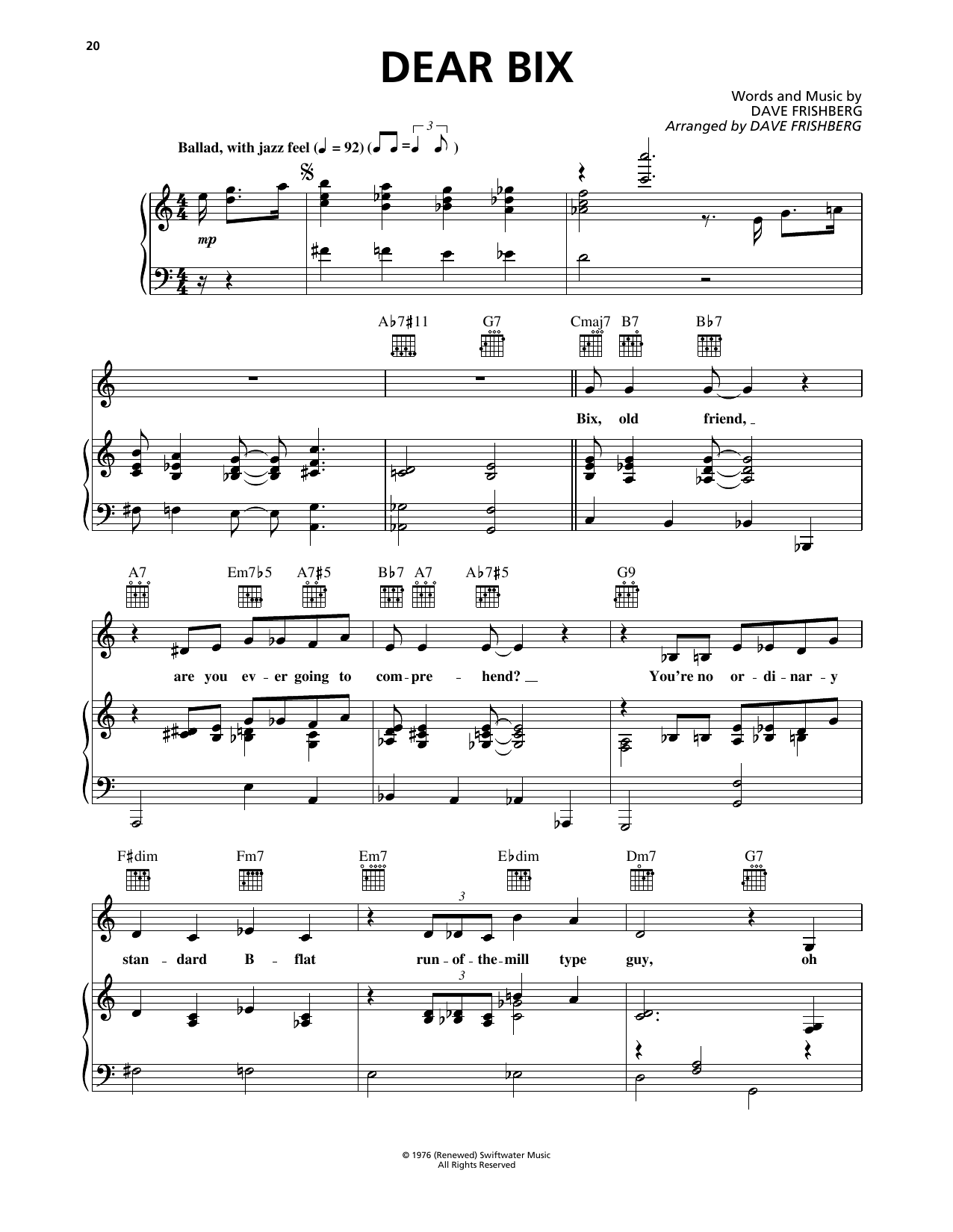 Dave Frishberg Dear Bix Sheet Music Notes & Chords for Piano, Vocal & Guitar Chords (Right-Hand Melody) - Download or Print PDF Dave Frishberg Dear Bix Sheet Music Notes & Chords for Piano, Vocal & Guitar Chords (Right-Hand Melody) - Download or Print PDF