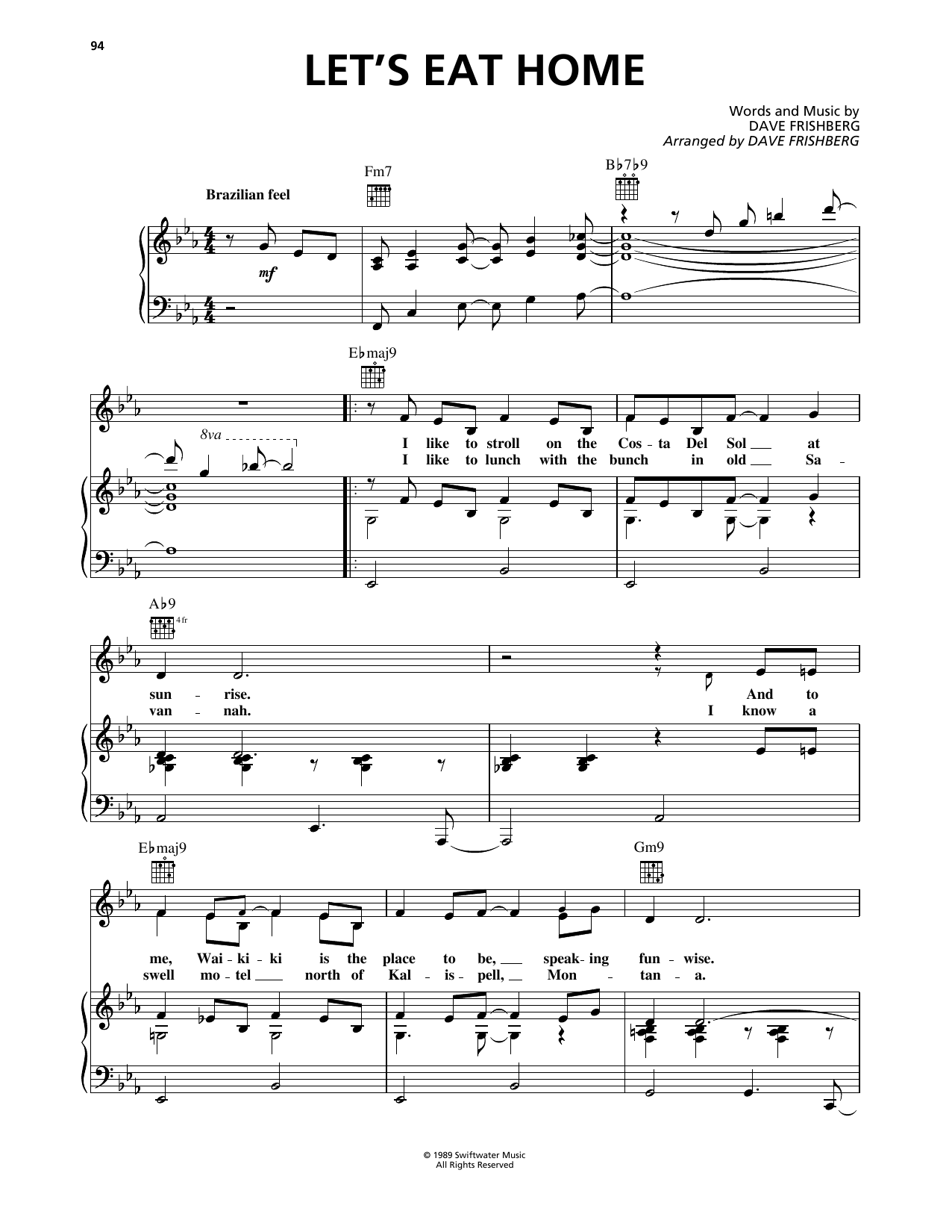 Dave Frishberg Let's Eat Home Sheet Music Notes & Chords for Piano, Vocal & Guitar Chords (Right-Hand Melody) - Download or Print PDF
