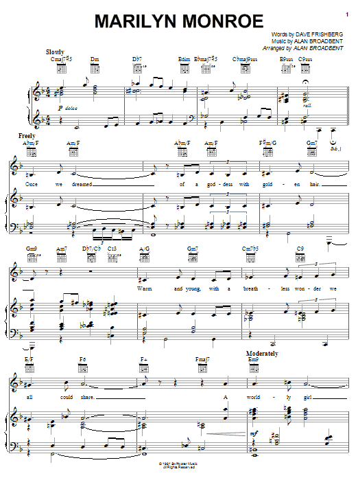 Dave Frishberg Marilyn Monroe Sheet Music Notes & Chords for Piano, Vocal & Guitar (Right-Hand Melody) - Download or Print PDF