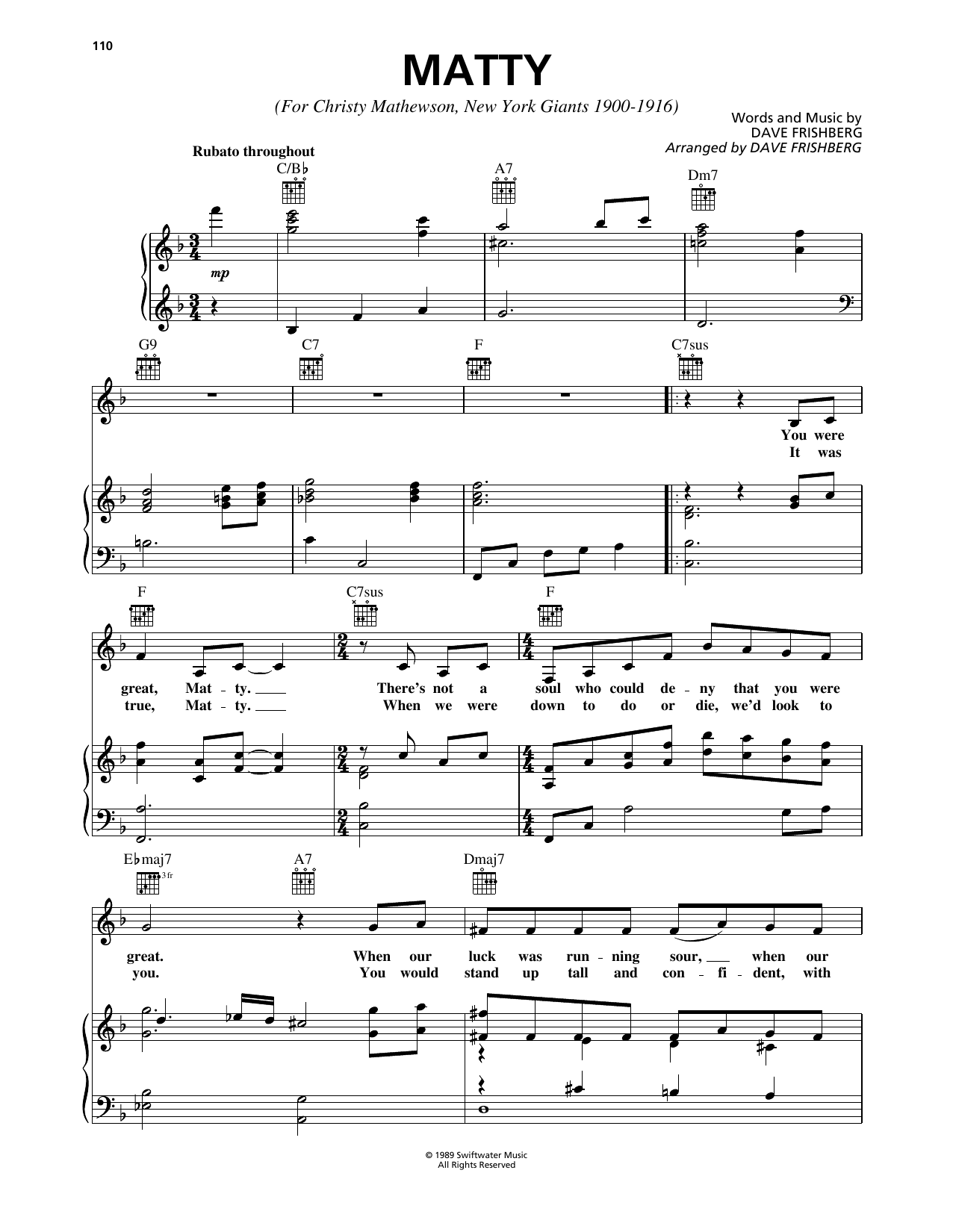Dave Frishberg Matty Sheet Music Notes & Chords for Piano, Vocal & Guitar Chords (Right-Hand Melody) - Download or Print PDF