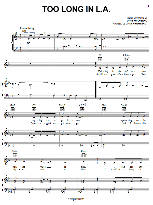 Dave Frishberg Too Long In L.A. Sheet Music Notes & Chords for Piano, Vocal & Guitar (Right-Hand Melody) - Download or Print PDF