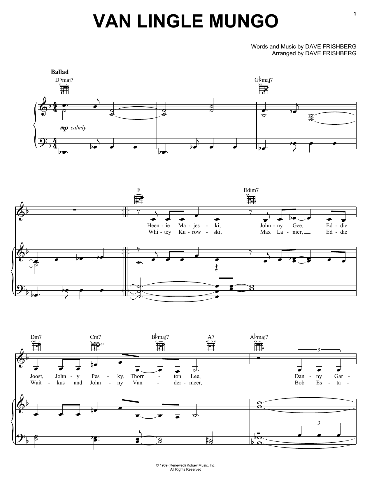 Dave Frishberg Van Lingle Mungo Sheet Music Notes & Chords for Piano, Vocal & Guitar (Right-Hand Melody) - Download or Print PDF
