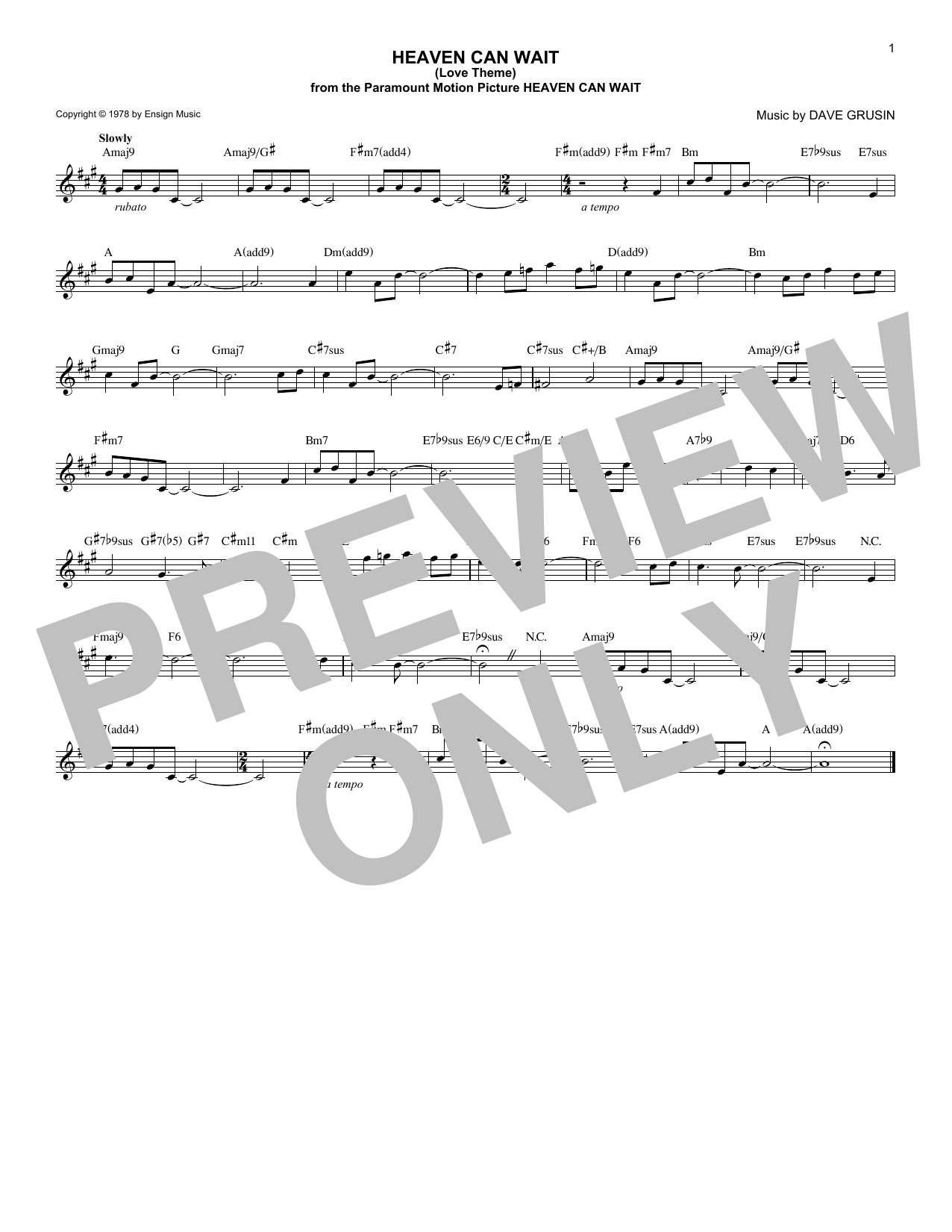 Dave Grusin Heaven Can Wait (Love Theme) Sheet Music Notes & Chords for Piano - Download or Print PDF