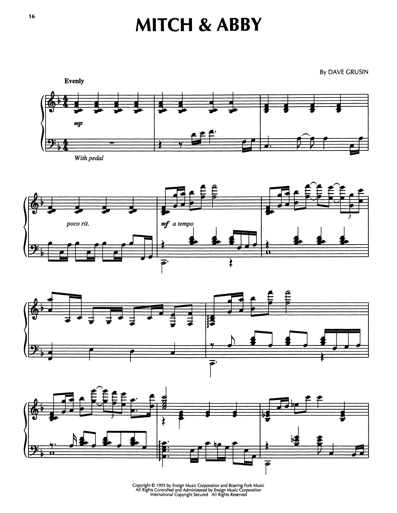 Dave Grusin Mitch & Abby (from The Firm) Sheet Music Notes & Chords for Piano Solo - Download or Print PDF
