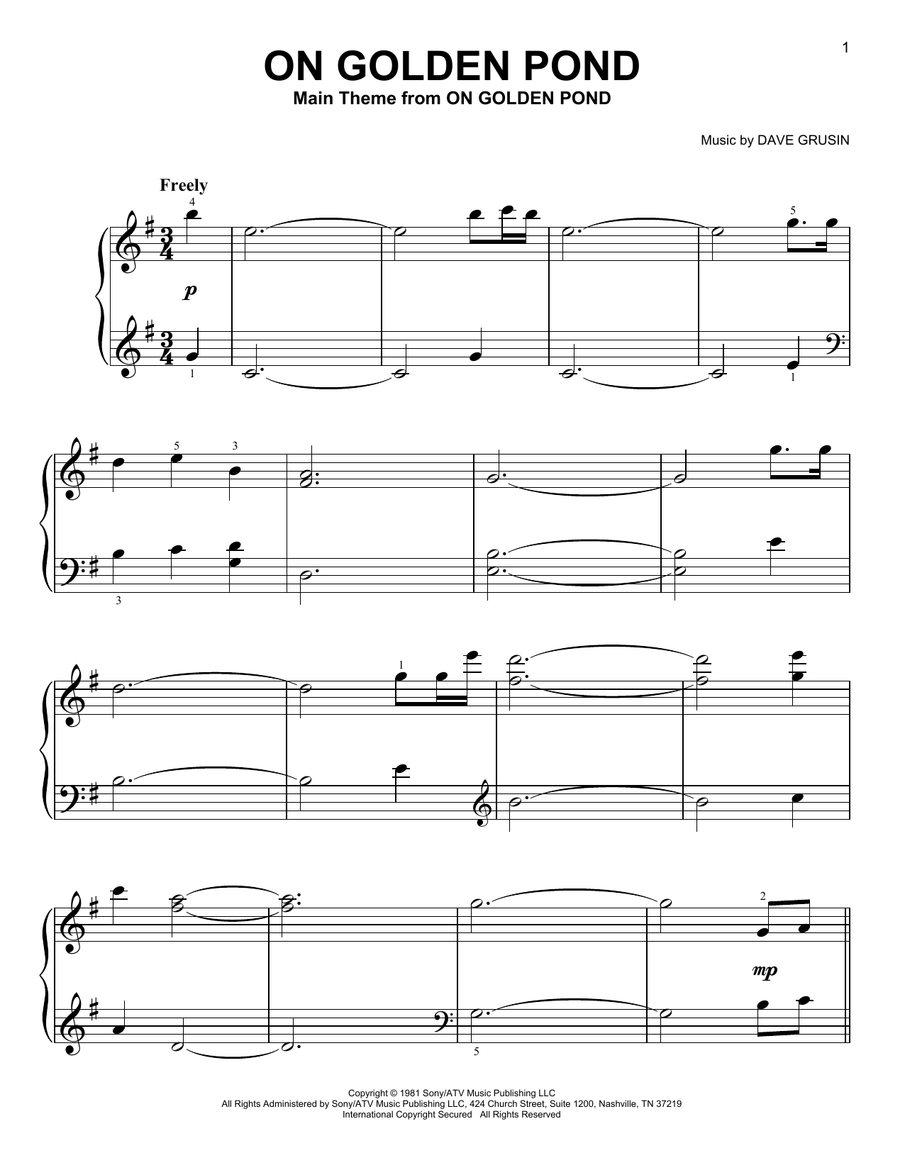Dave Grusin On Golden Pond (from On Golden Pond) Sheet Music Notes & Chords for Very Easy Piano - Download or Print PDF