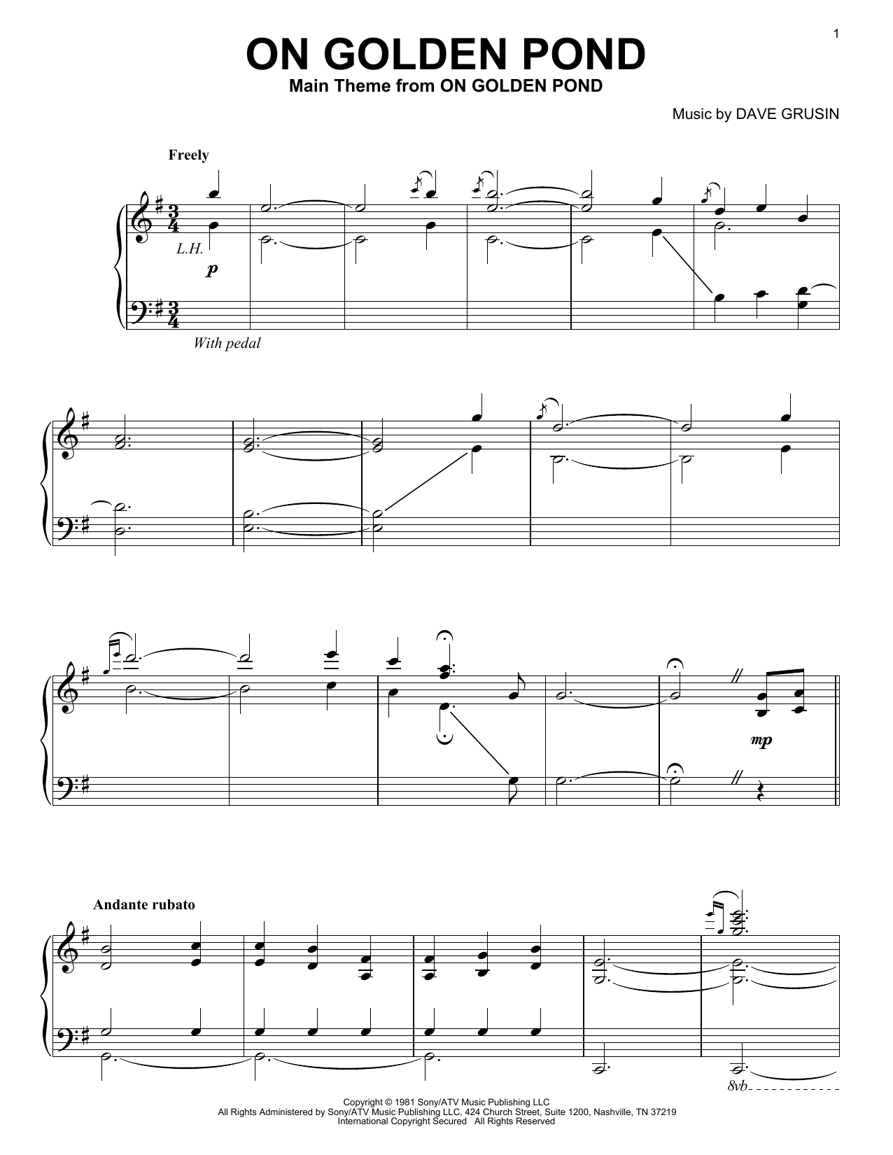 Dave Grusin On Golden Pond Sheet Music Notes & Chords for Piano - Download or Print PDF