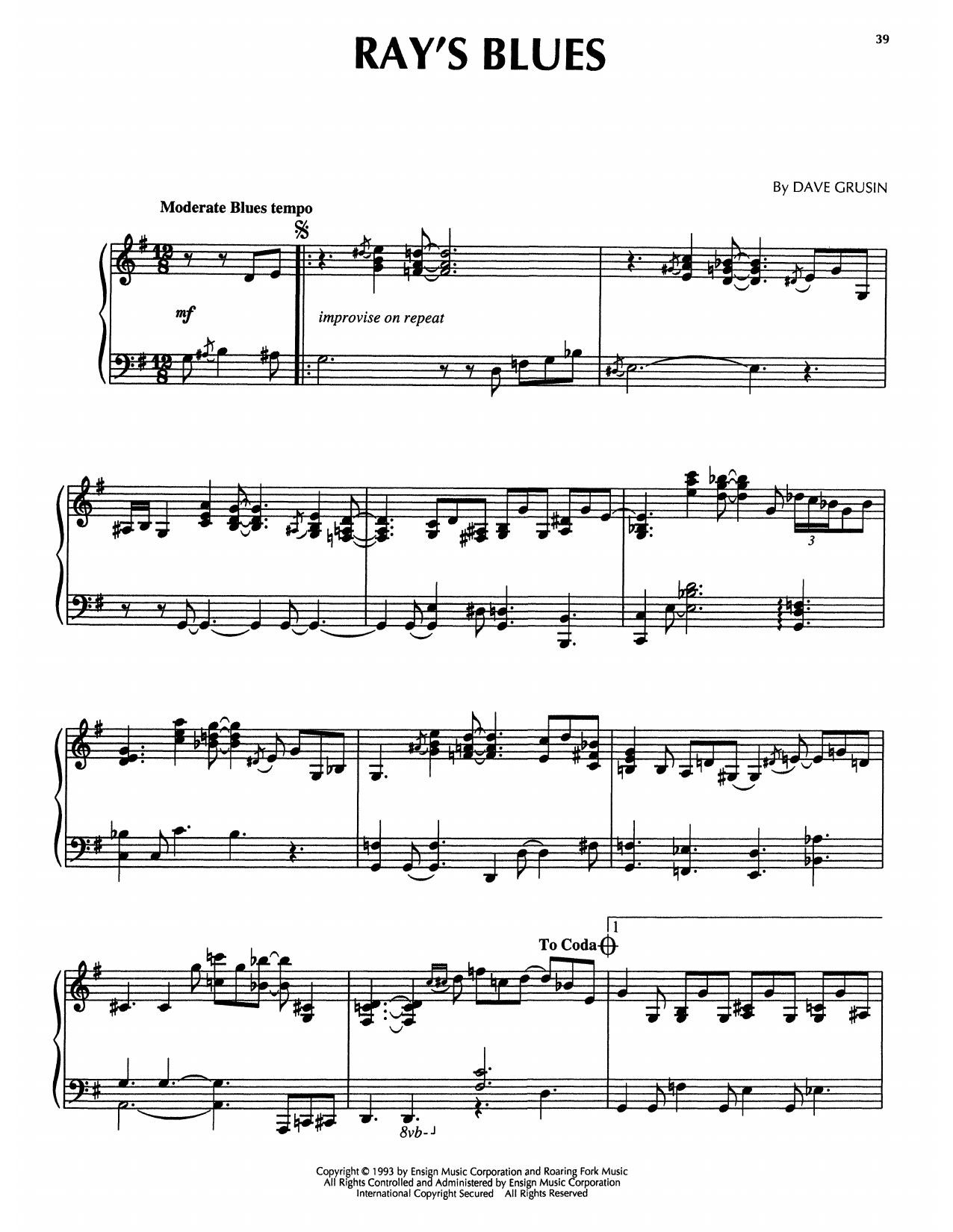 Dave Grusin Ray's Blues (from The Firm) Sheet Music Notes & Chords for Piano Solo - Download or Print PDF