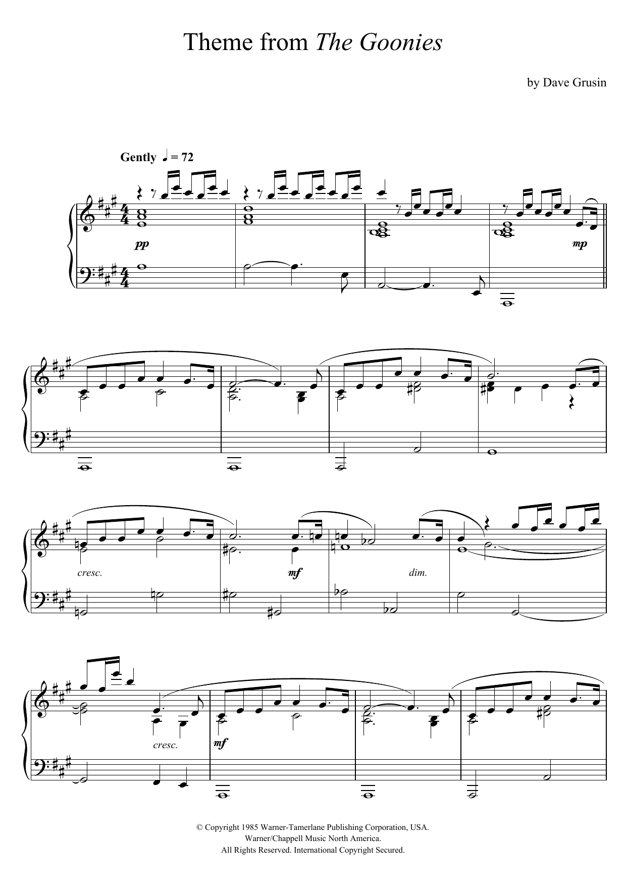 Dave Grusin The Goonies (Theme) Sheet Music Notes & Chords for Piano - Download or Print PDF